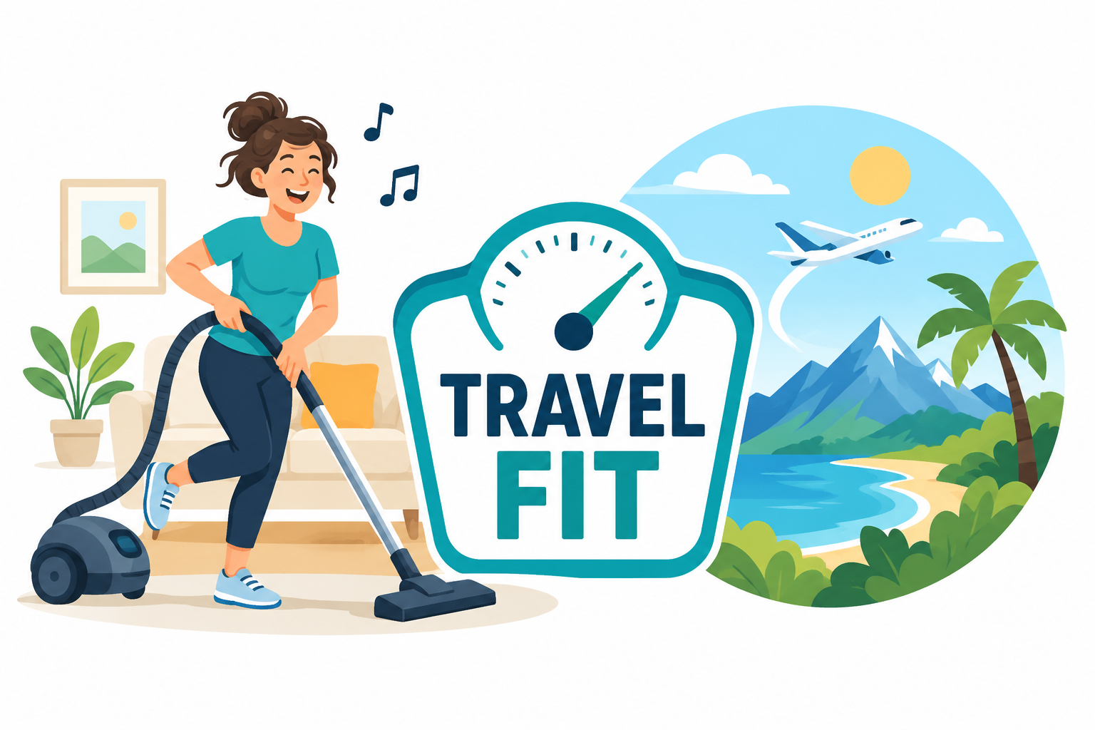 Happy person vacuuming the house losing weight to be able to travel.