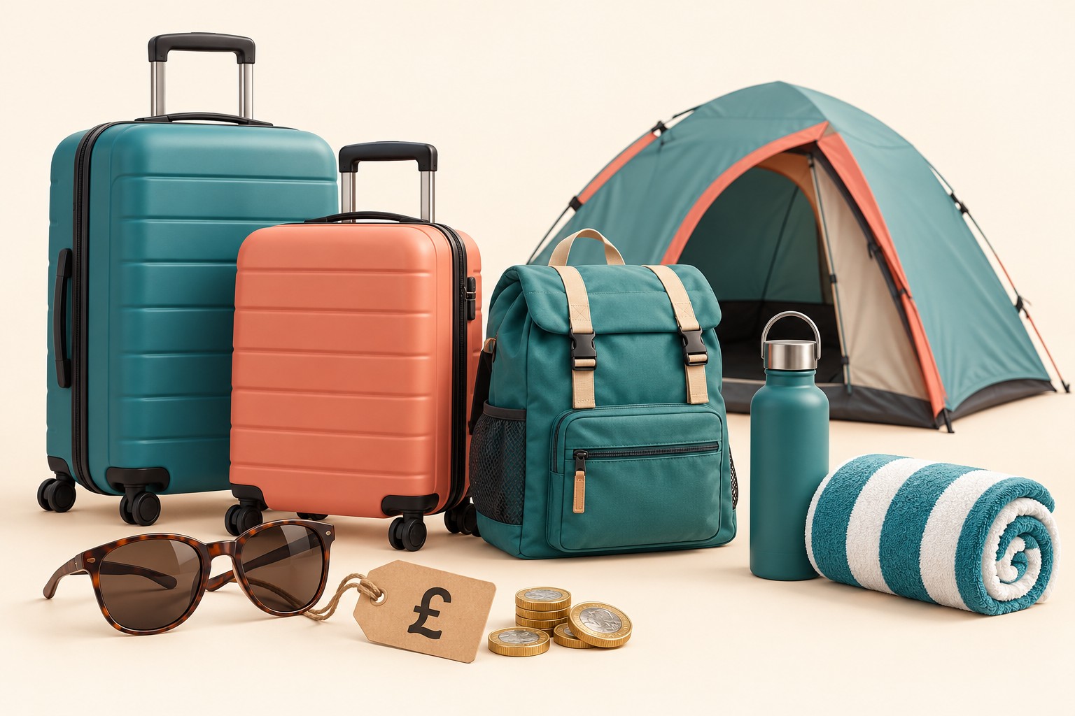 Suitcases, sunglasses, a tent and other travel essentials beside a pound-sign price tag and coins.